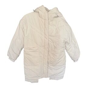 NWOT SOOLINEN Down Cream Puffer Coat Oversized Winter Jacket Hood Quilt ONE SIZE